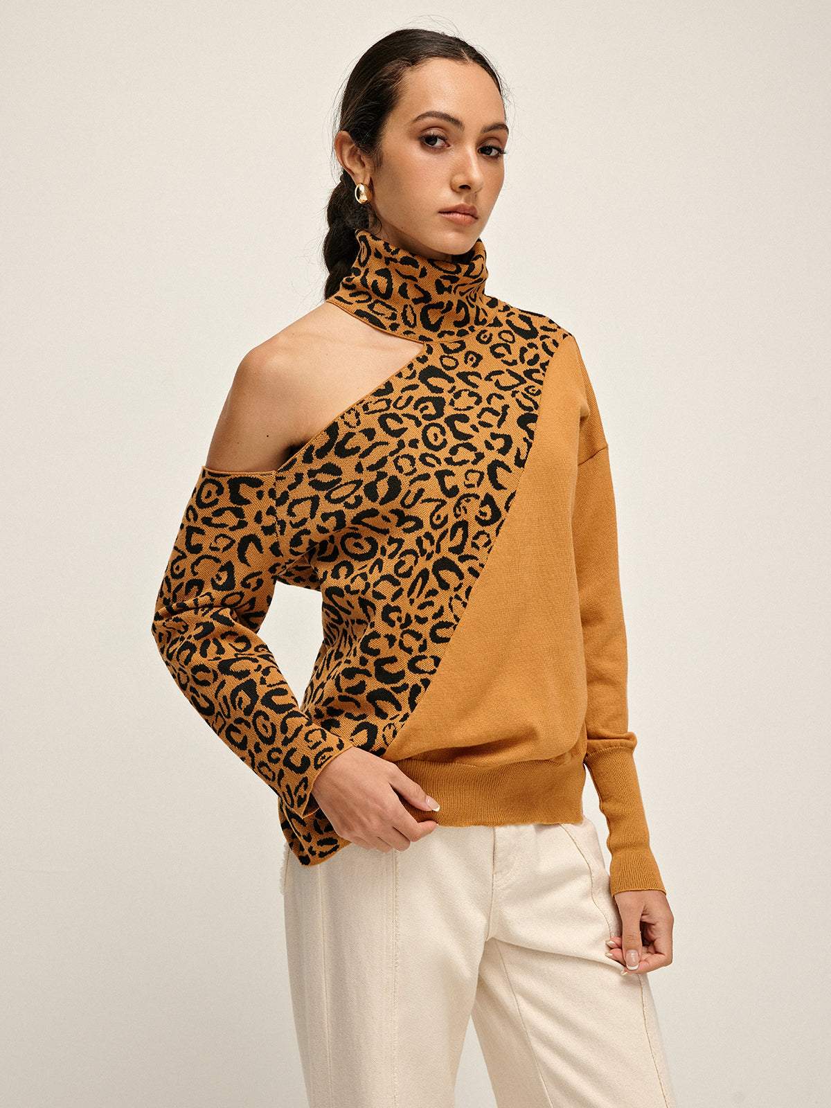 Balıkçı Yaka Kazak Kesik Leopar Patchwork Örgü Üst - 2. görünüm