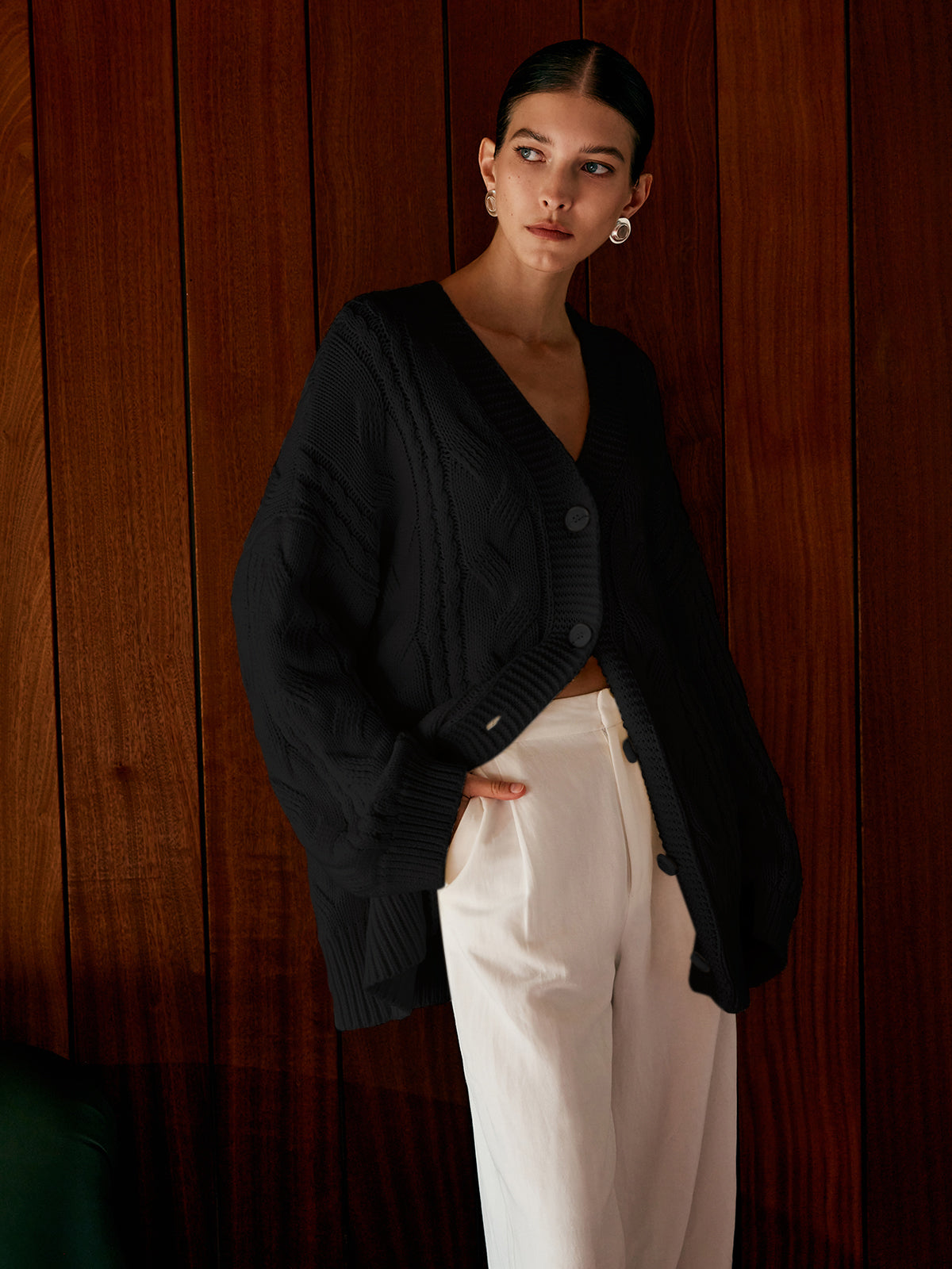 Oversize Saç Örgü Desenli Hırka - Siyah