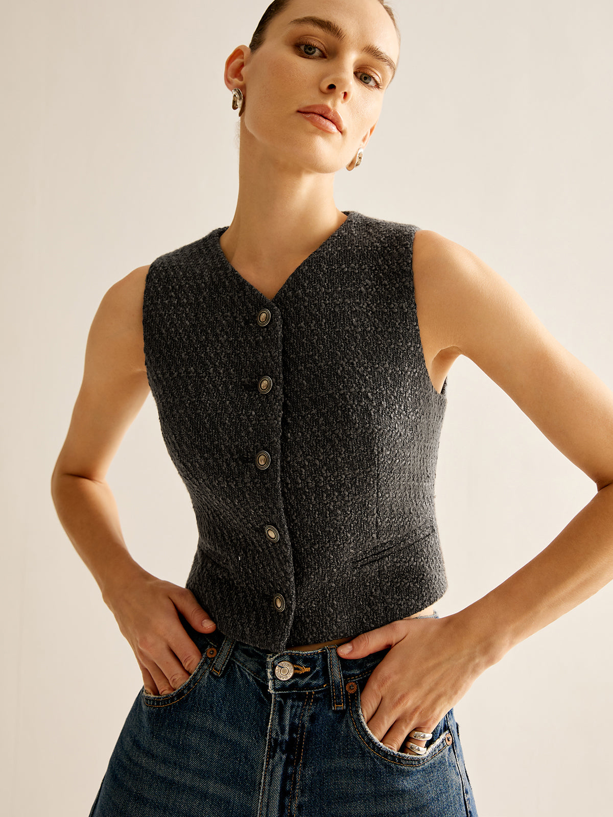 Vintage Tweed Düğmeli Yelek