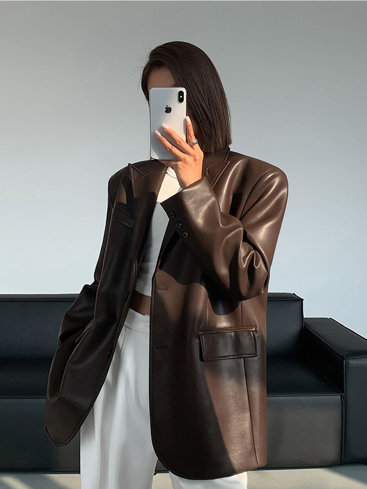 Yaka Cepli Deri Blazer - Koyu Kahverengi