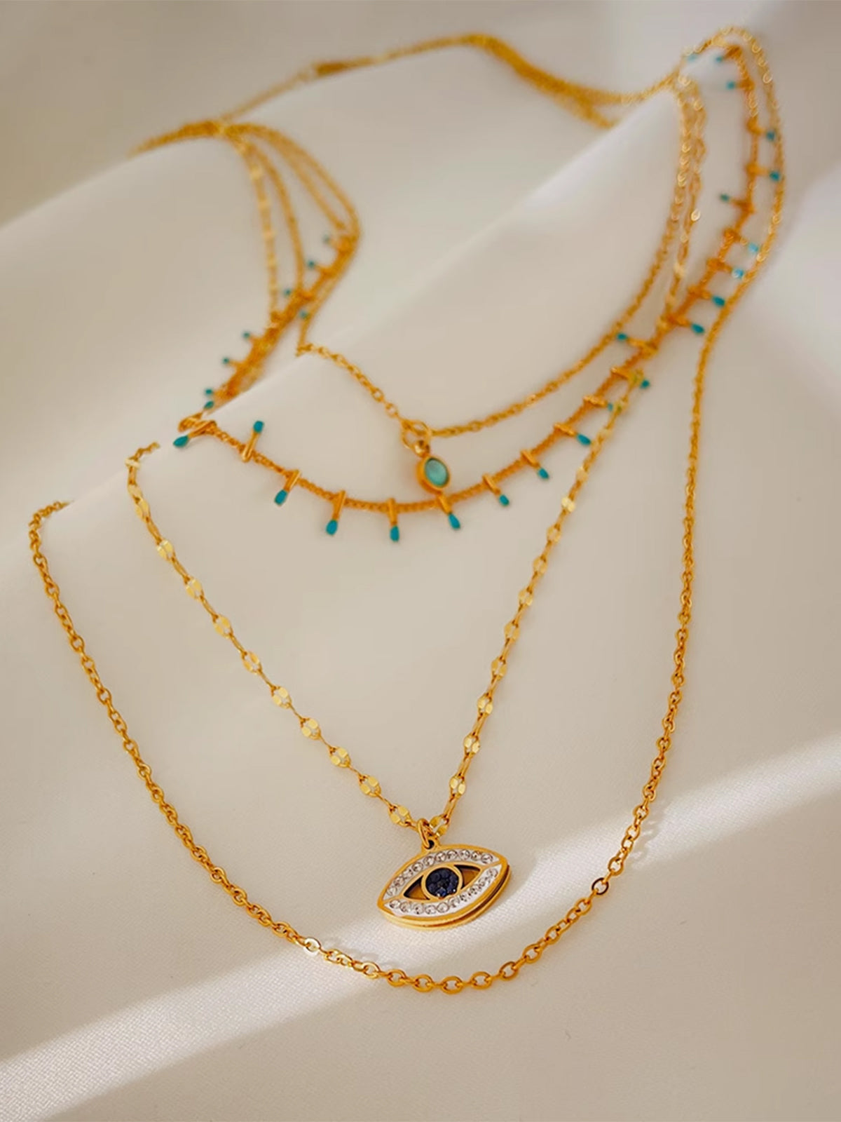 Çok Katmanlı Rhinestone Nazar Boncuğu Kolye Altın Titanyum Çelik