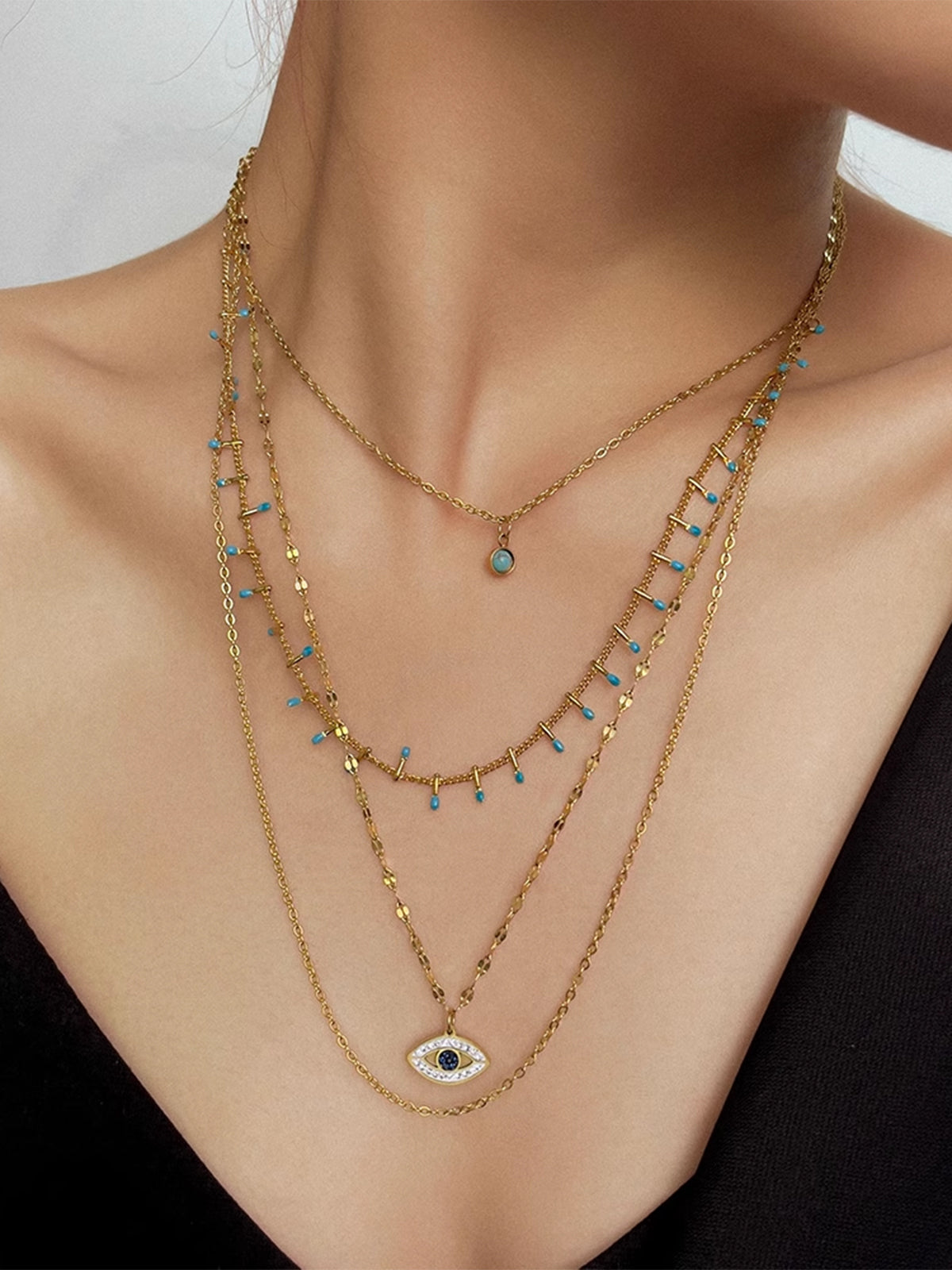 Çok Katmanlı Rhinestone Nazar Boncuğu Kolye Altın Titanyum Çelik
