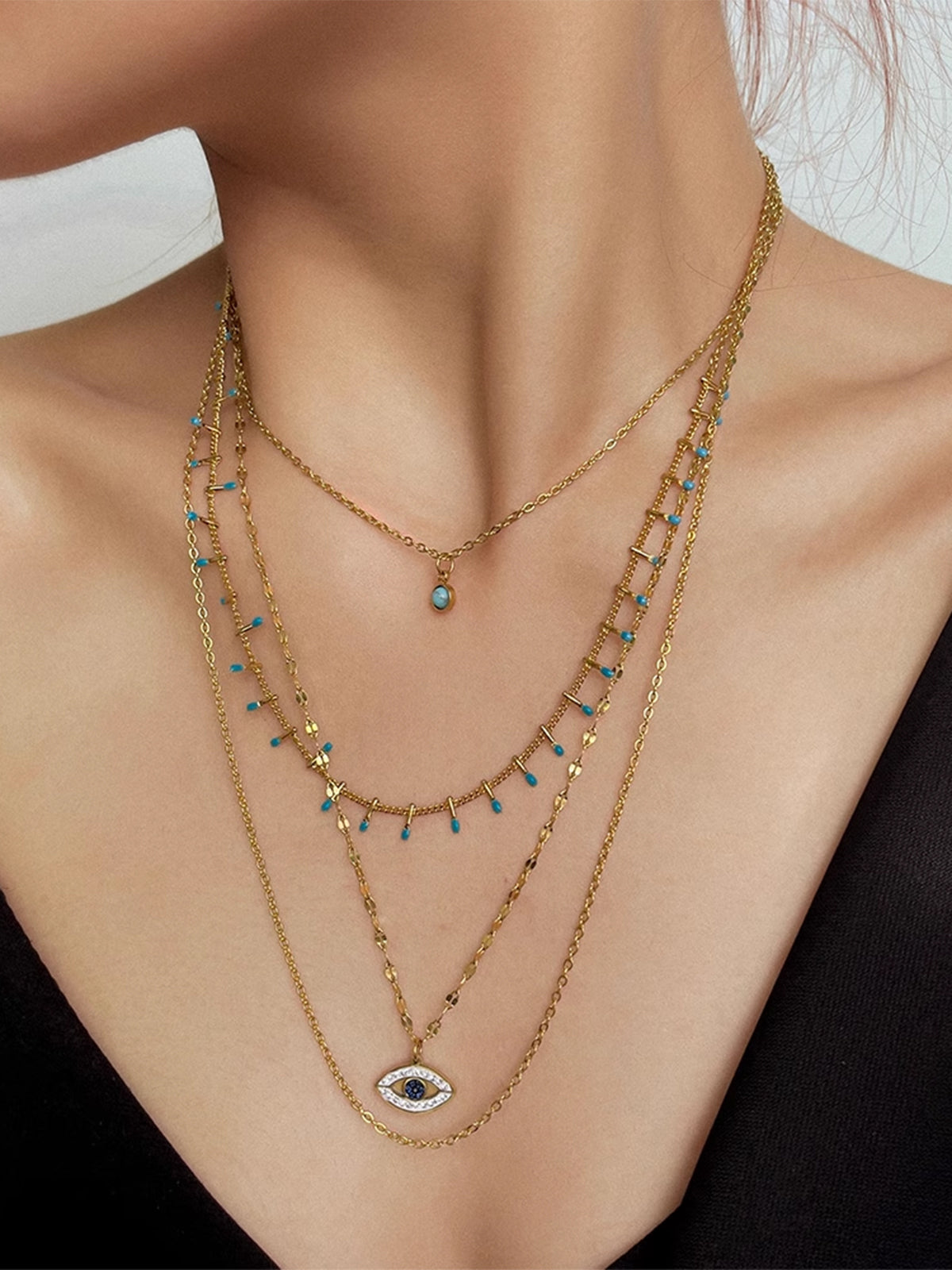 Çok Katmanlı Rhinestone Nazar Boncuğu Kolye Altın Titanyum Çelik