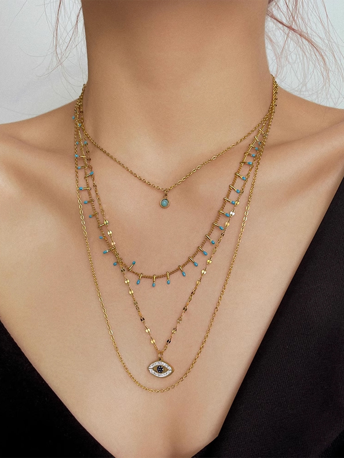 Çok Katmanlı Rhinestone Nazar Boncuğu Kolye Altın Titanyum Çelik
