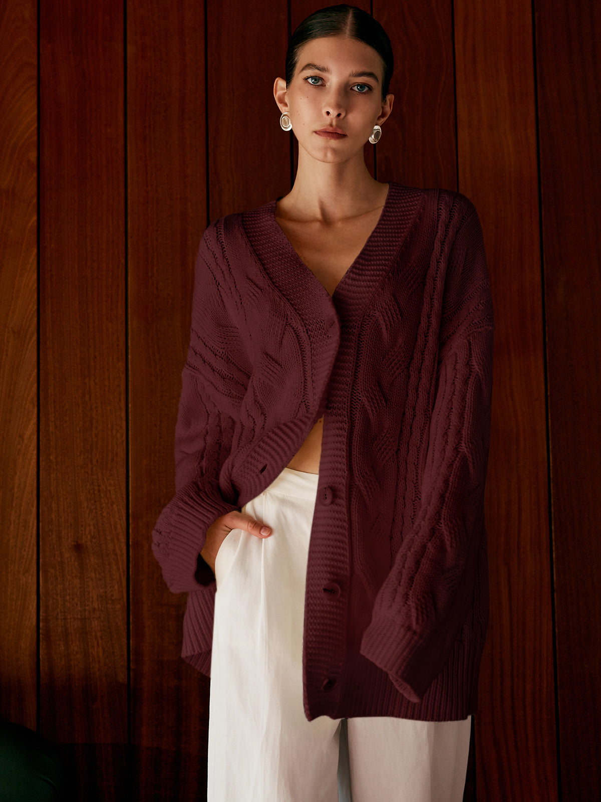 Oversize Saç Örgü Desenli Hırka - Bordo