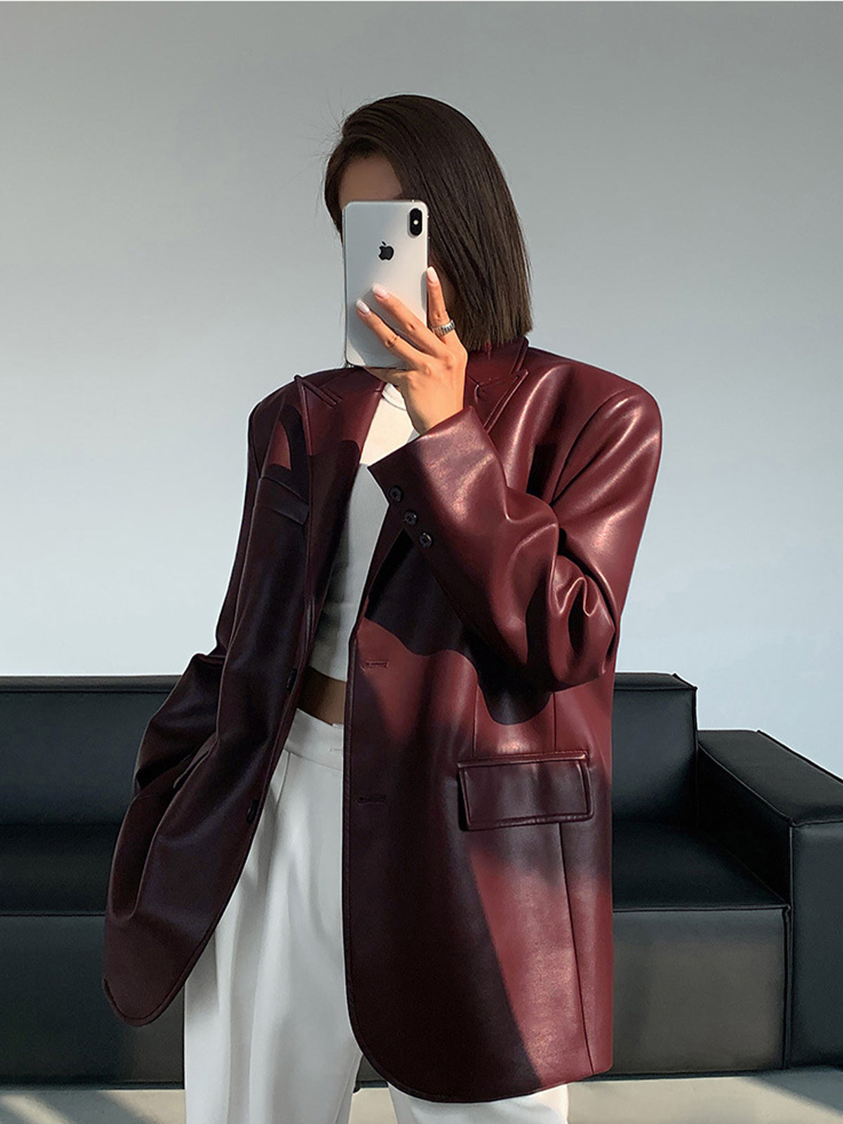 Yaka Cepli Deri Blazer - Kırmızı