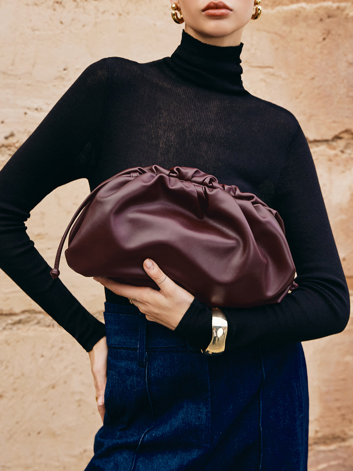 Büzgülü Yumuşak Clutch Çanta Bordo
