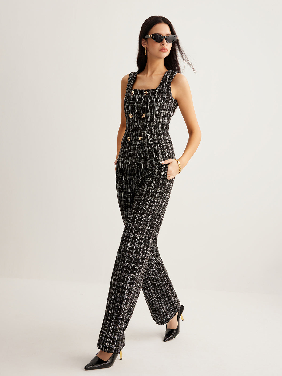 Kareli Tweed Düğmeli Yelek - 2. görünüm