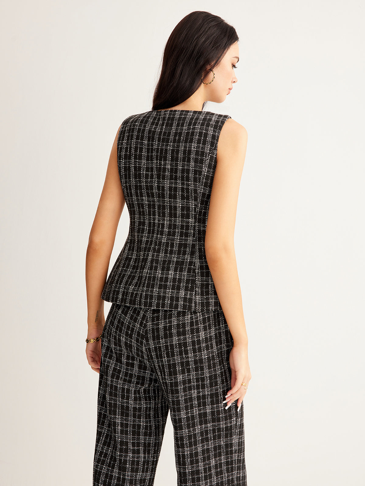 Kareli Tweed Düğmeli Yelek - 7. görünüm