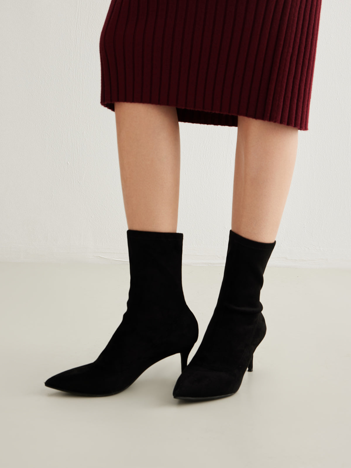 Slingback Topuklu Süet Bot Siyah 7cm Topuk Sivri Burun