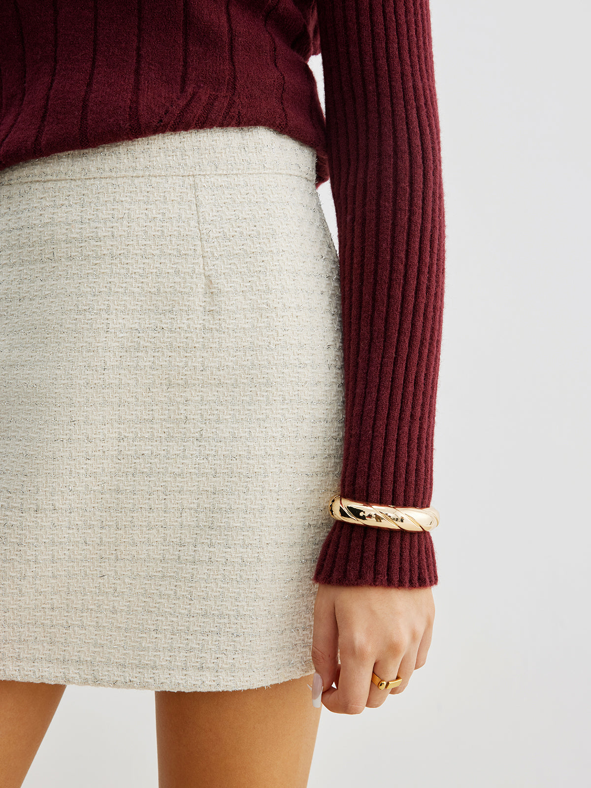 Tweed Fermuarlı A-Line Mini Etek Krem Orta Bel - 7. görünüm