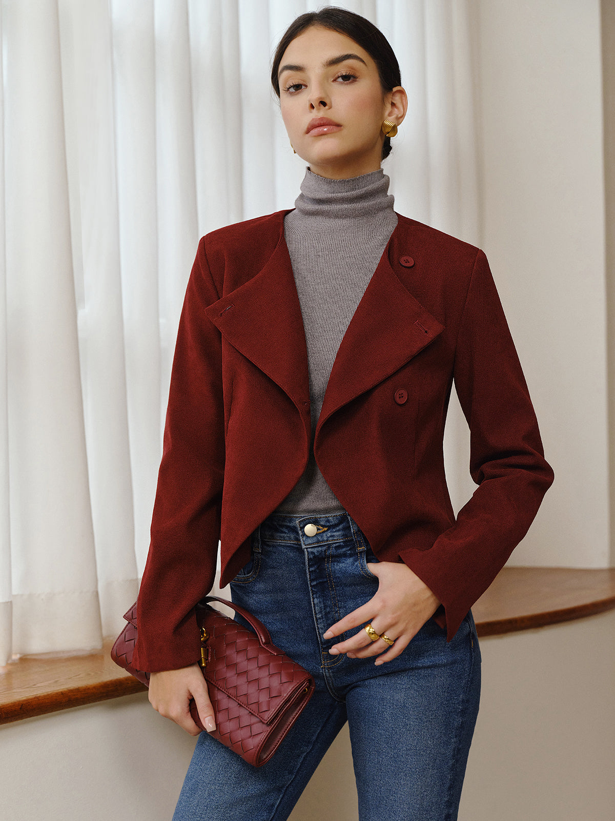 Asimetrik Yaka Kısa Blazer Bordo Düğmeli