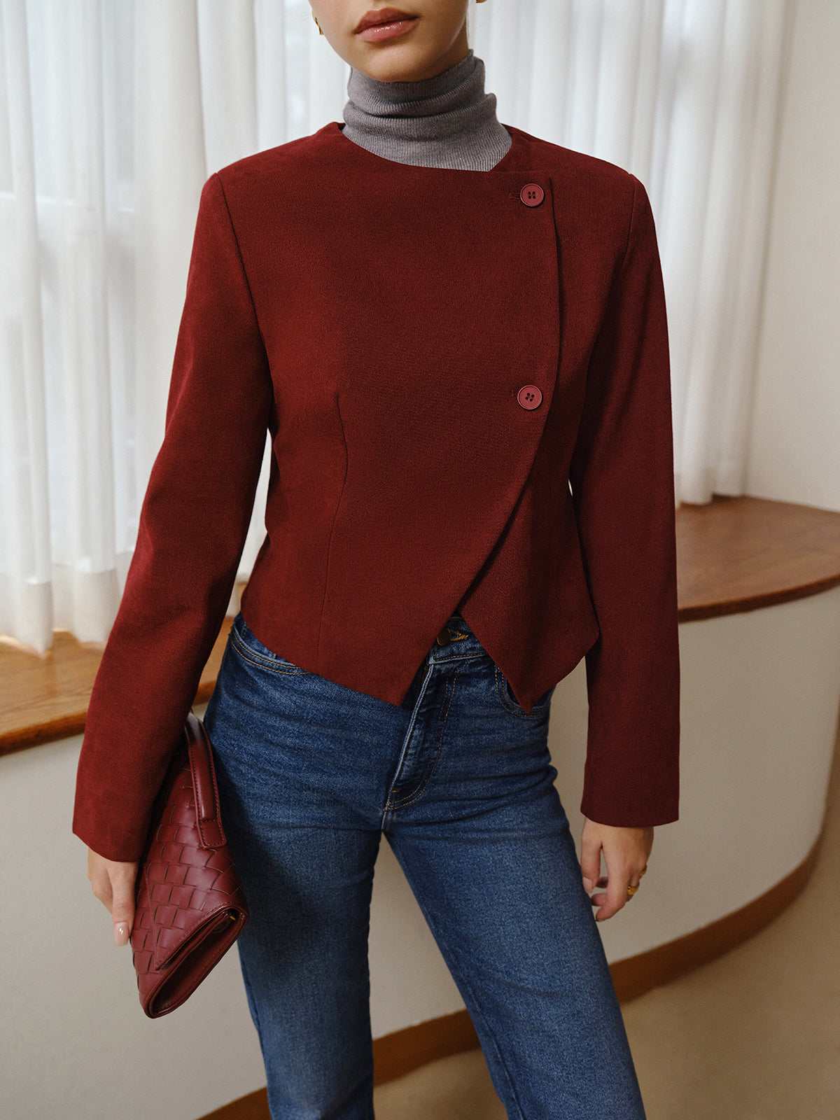 Asimetrik Yaka Kısa Blazer Bordo Düğmeli