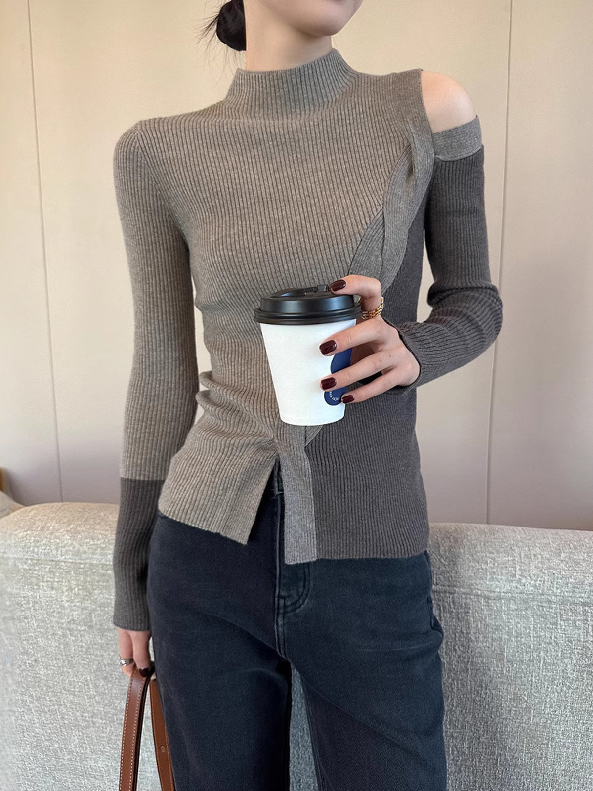 Renk Bloklu Kısa Kesim Triko Üst Gri Uzun Kol - 7. görünüm
