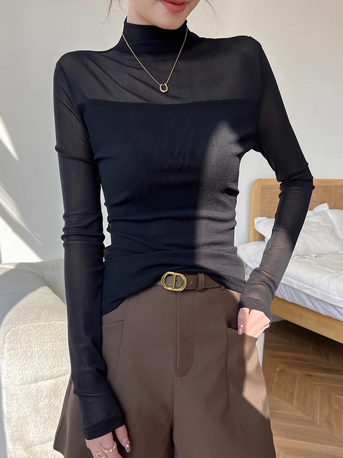 Yarım Yaka Şeffaf Mesh Panel Uzun Kol Bluz Siyah