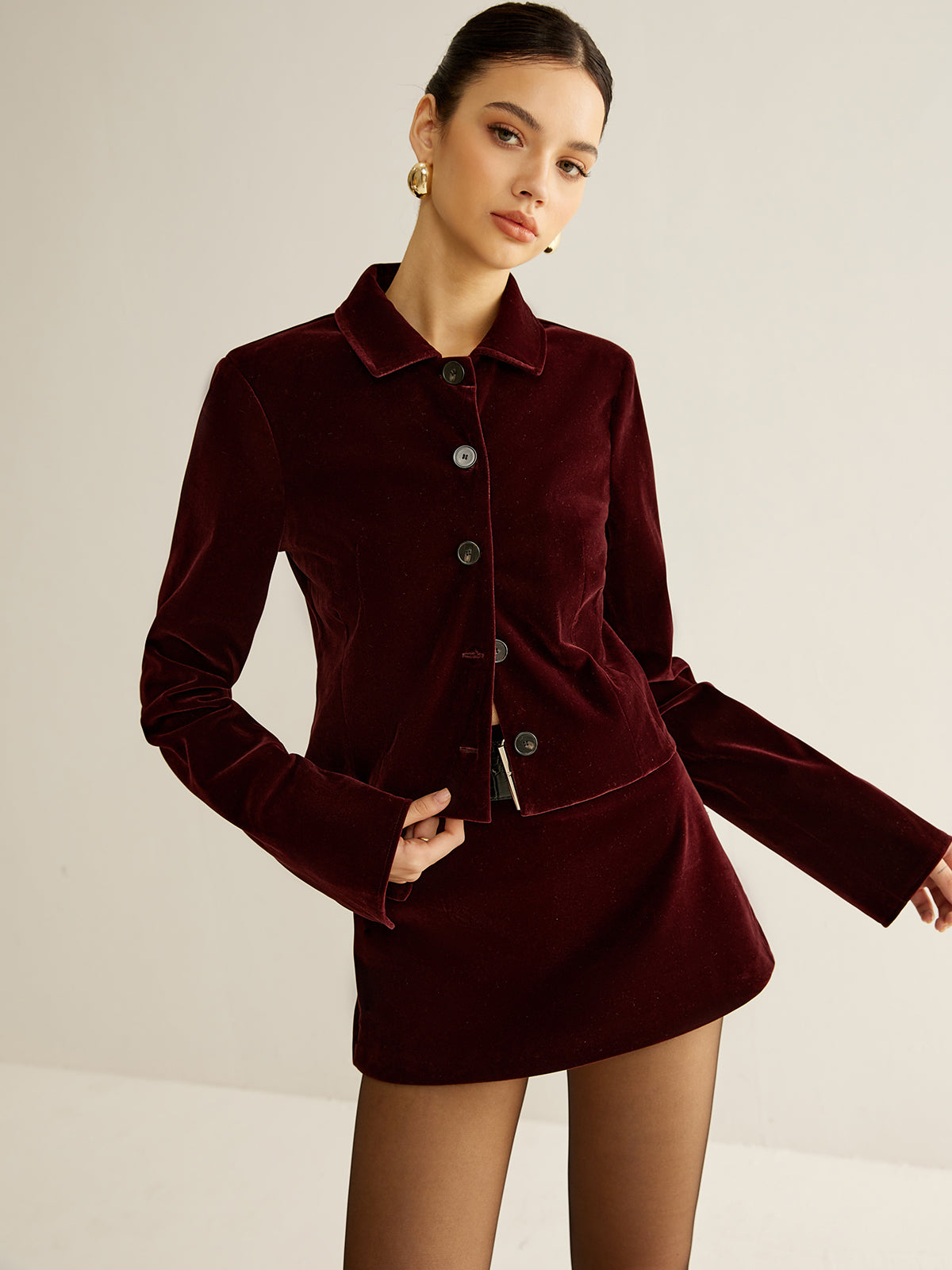 Kadife Yaka Kısa Blazer Bordo Uzun Kol