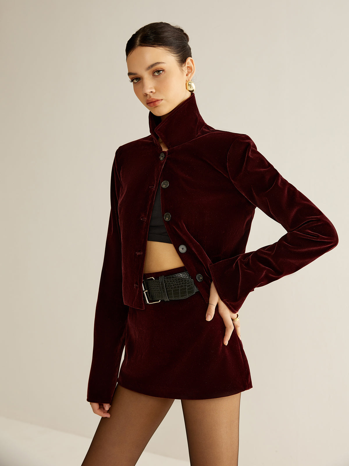 Kadife Yaka Kısa Blazer Bordo Uzun Kol