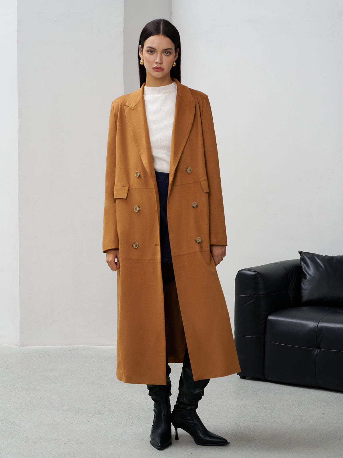 Süet Düğmeli Uzun Blazer - 5. görünüm