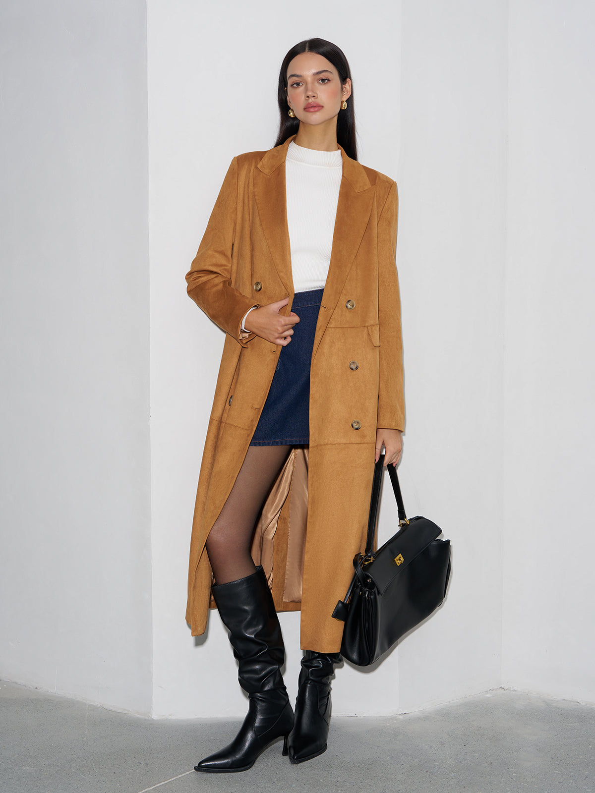 Süet Düğmeli Uzun Blazer - 6. görünüm