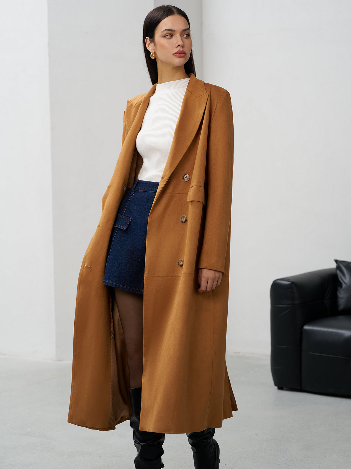 Süet Düğmeli Uzun Blazer - 3. görünüm