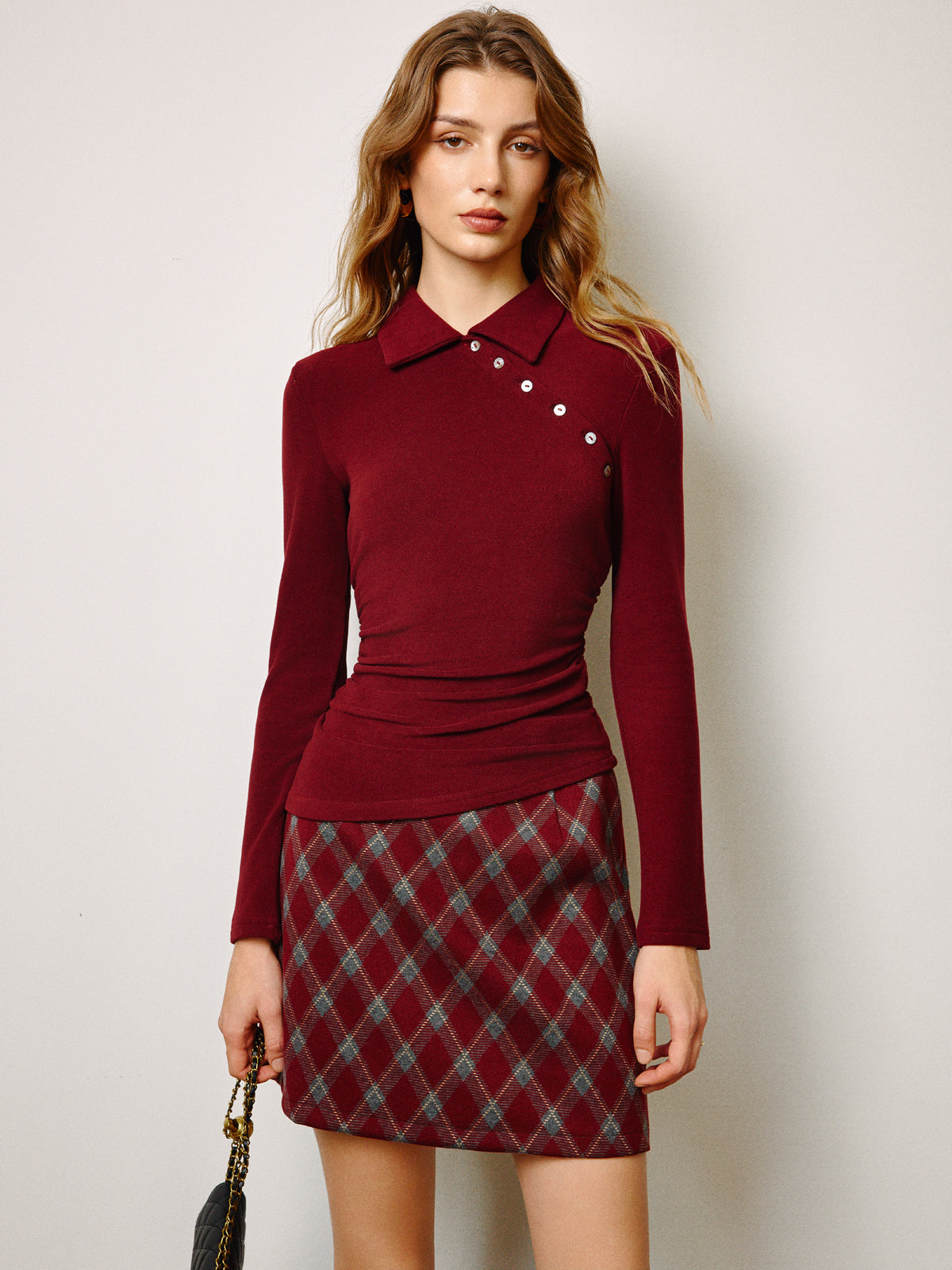 Asimetrik Düğme Detaylı Polo Bluz Bordo Uzun Kollu