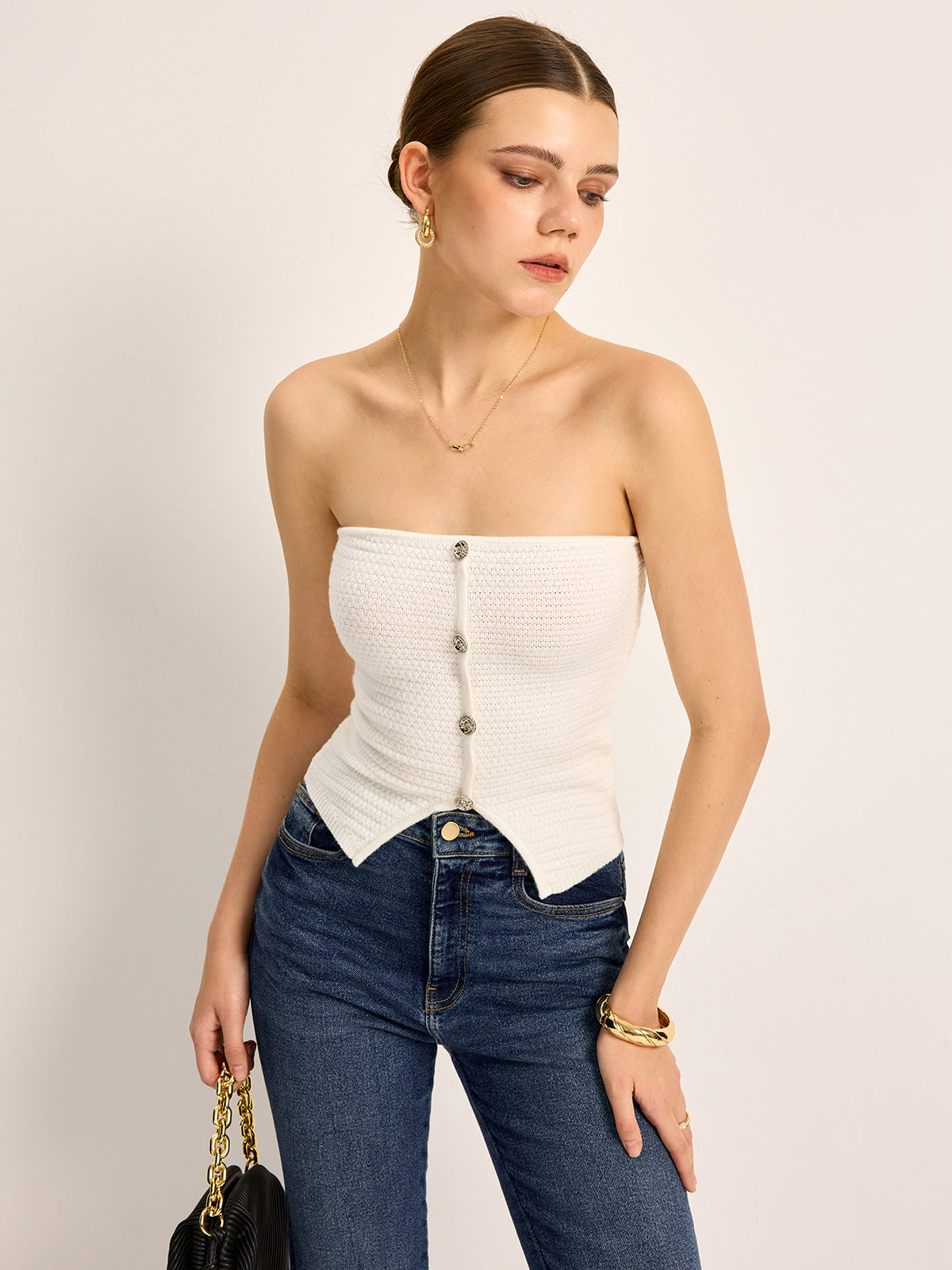 Düğmeli Askısız Triko Üst Beyaz Slim Fit