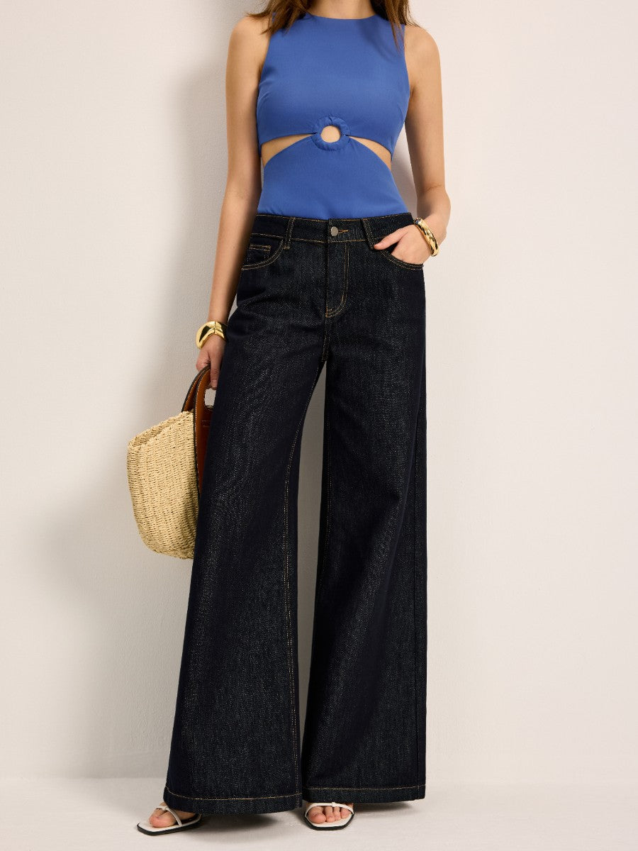 Yüksek Bel Geniş Paça Denim Pantolon Mavi