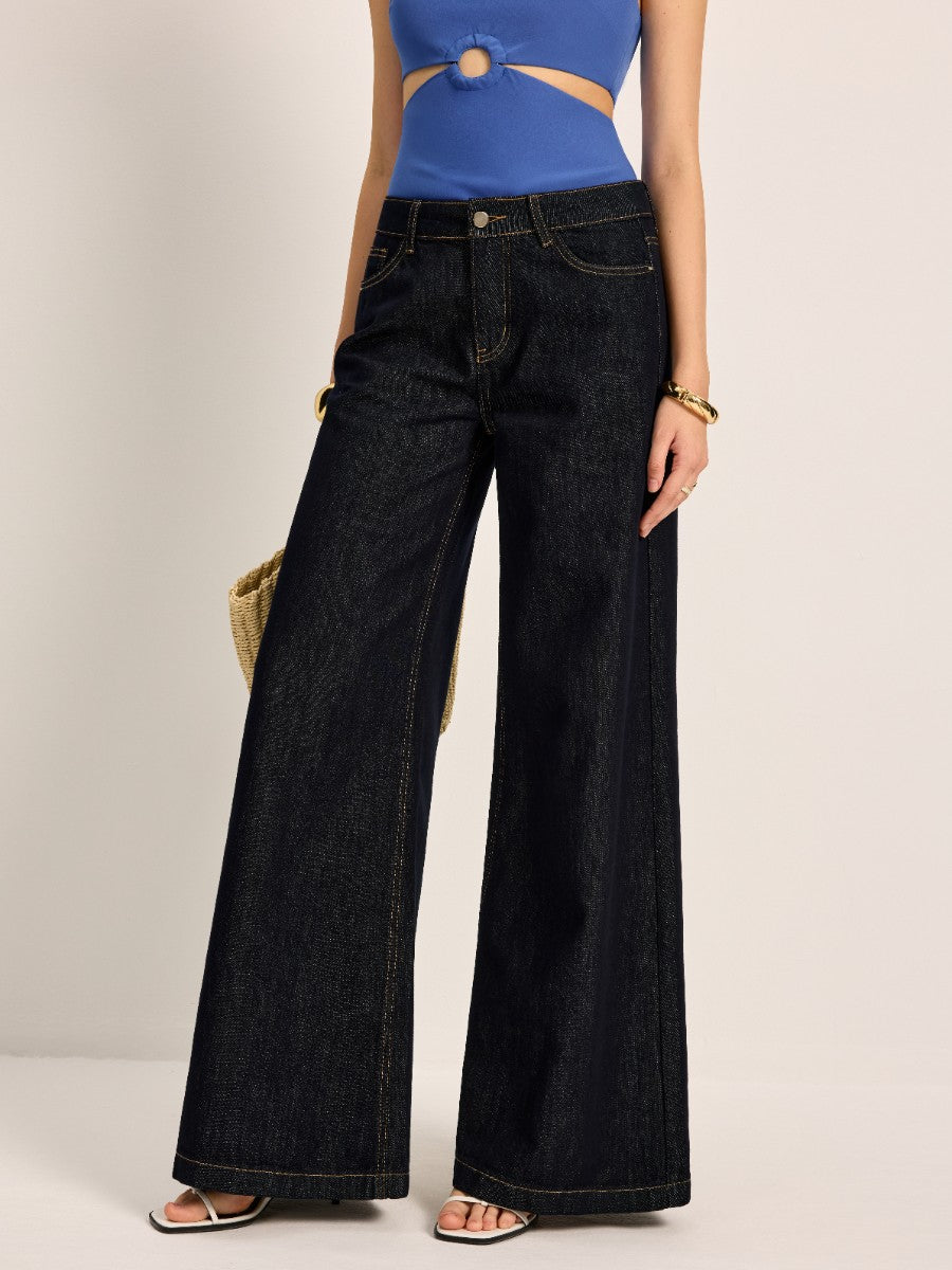 Yüksek Bel Geniş Paça Denim Pantolon Mavi