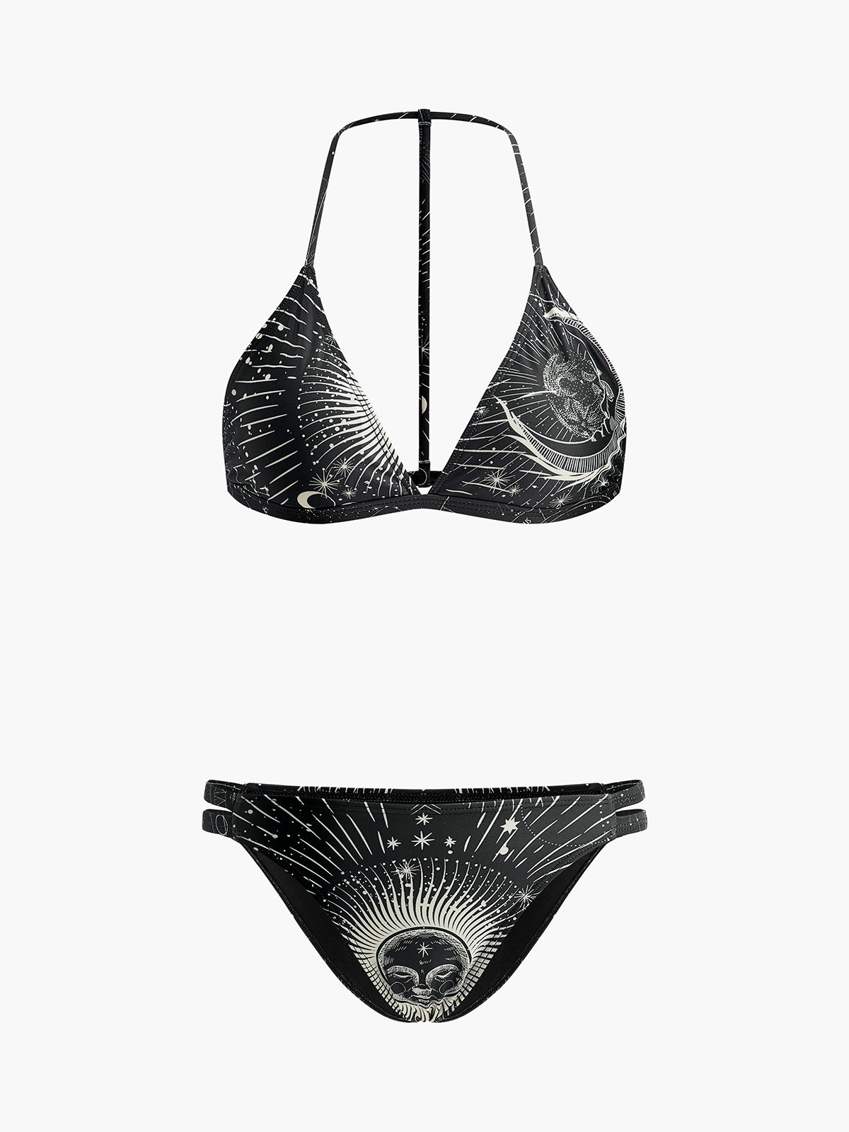 Gökyüzü Temalı Halter Bikini Takımı Siyah Geometrik Desenli