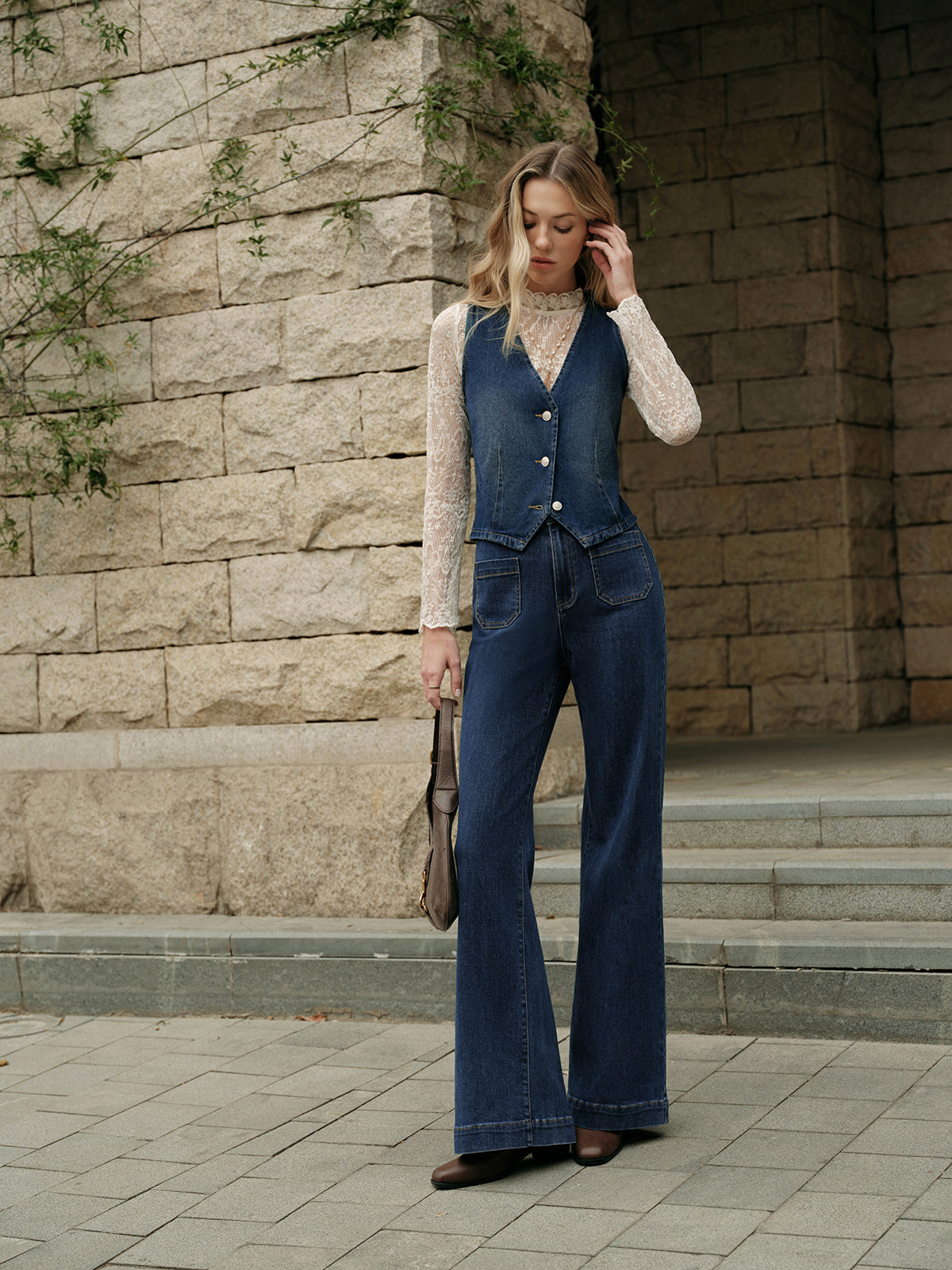 Denim Kolsuz Yelek Mavi V Yaka Regular Fit