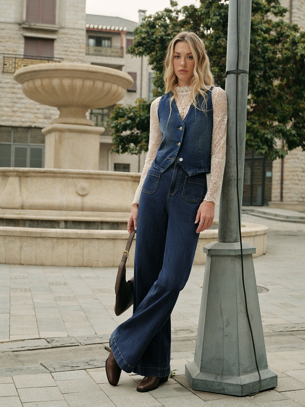 Denim Kolsuz Yelek Mavi V Yaka Regular Fit