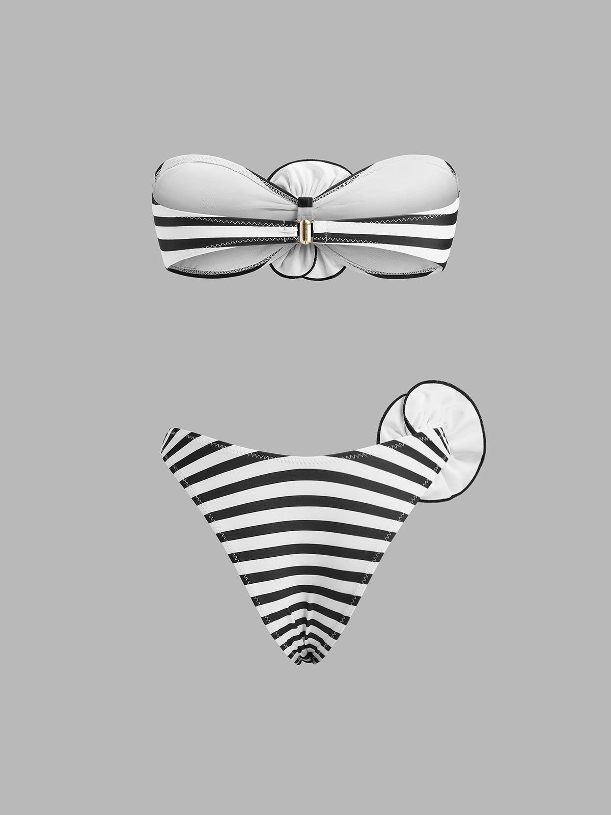 Çizgili Bandeau Bikini Takımı Siyah Beyaz Çiçek Detaylı