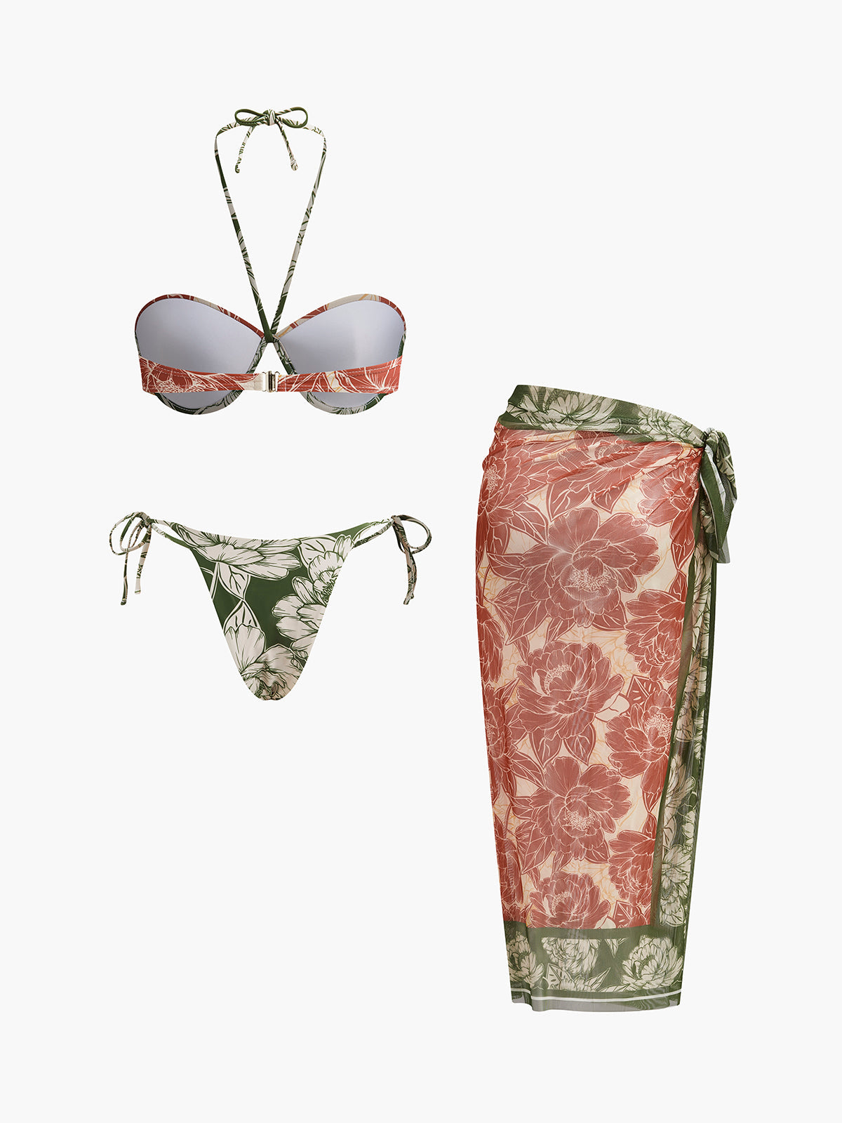 Çiçek Desenli Bikini Takımı Bağlamalı Etek Pembe Yeşil