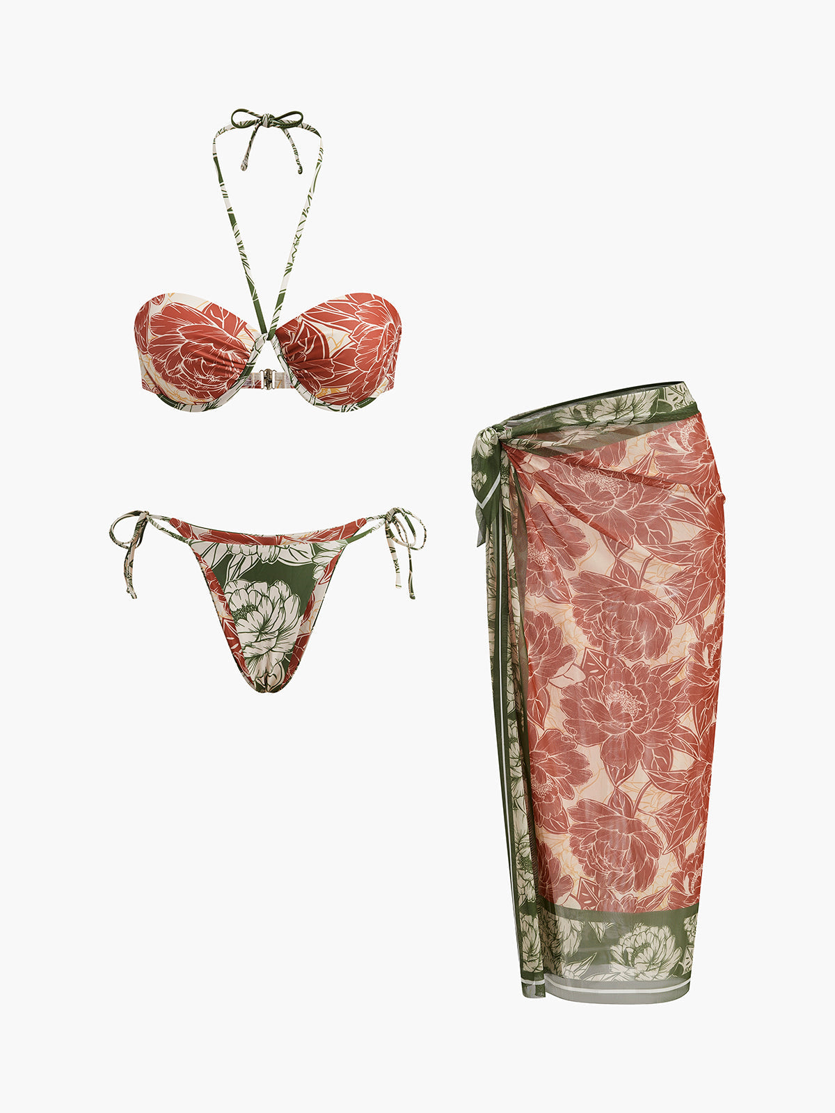 Çiçek Desenli Bikini Takımı Bağlamalı Etek Pembe Yeşil