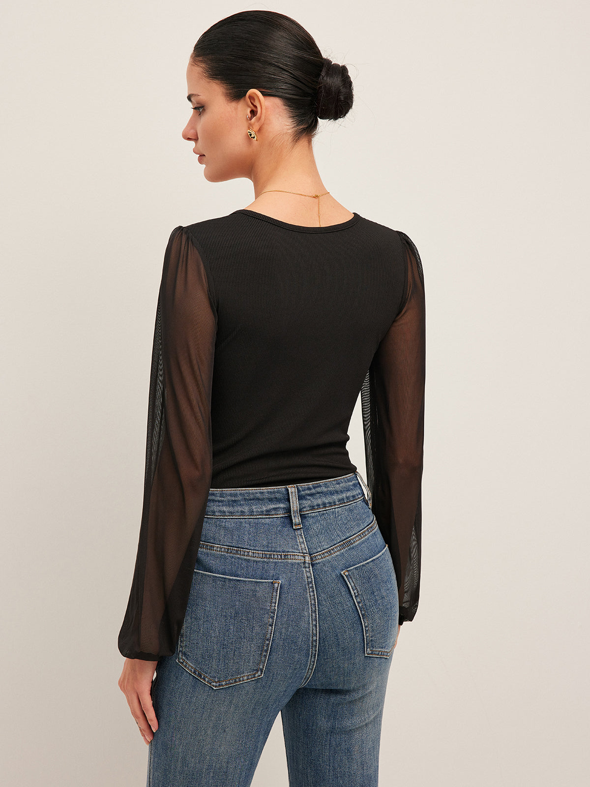 Şeffaf Ribanalı Bodysuit Kalp Yaka Uzun Kollu Siyah