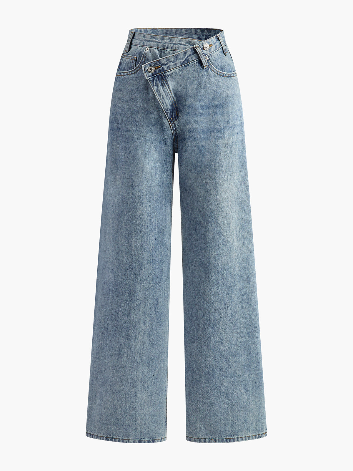 Asimetrik Bel Wide-Leg Kot Pantolon Açık Mavi