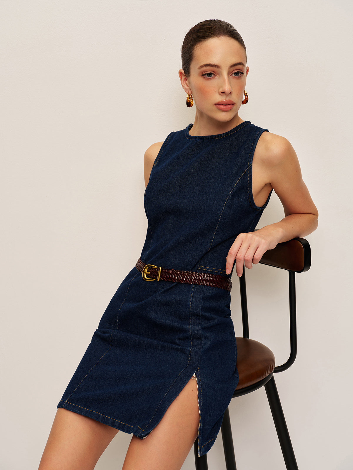Kolsuz Denim Elbise Lacivert Yırtmaçlı