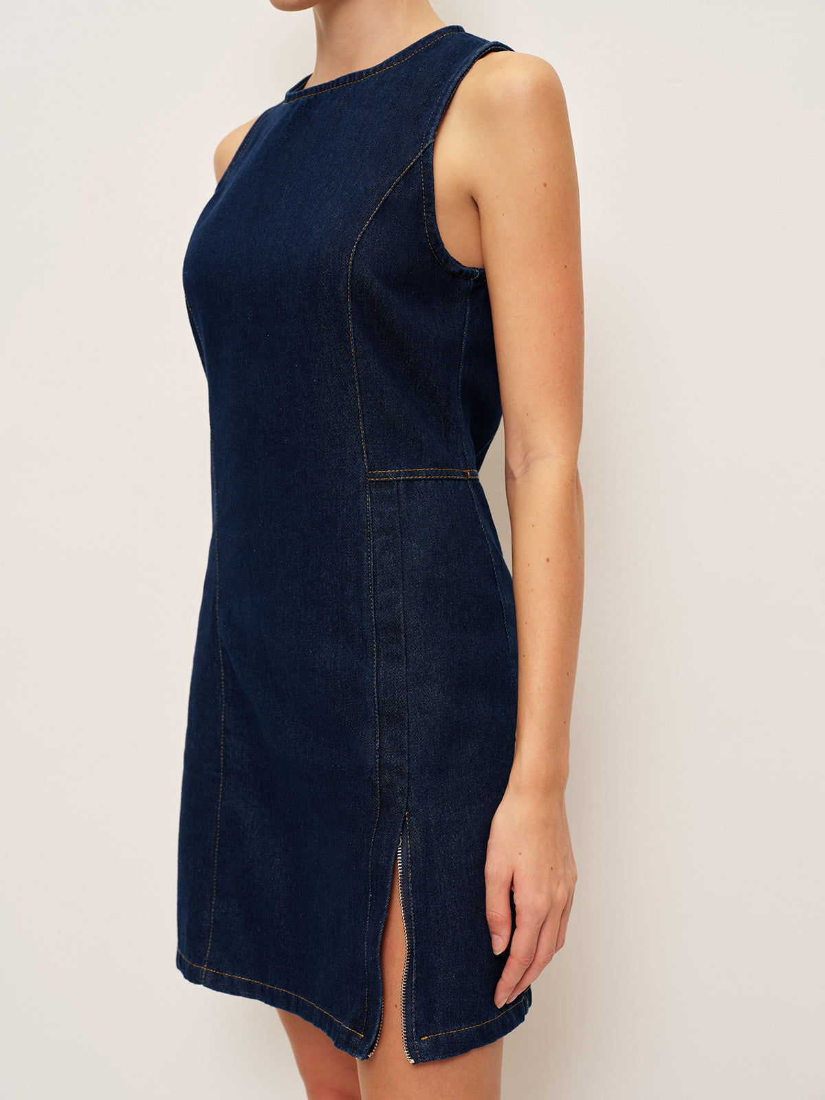 Kolsuz Denim Elbise Lacivert Yırtmaçlı