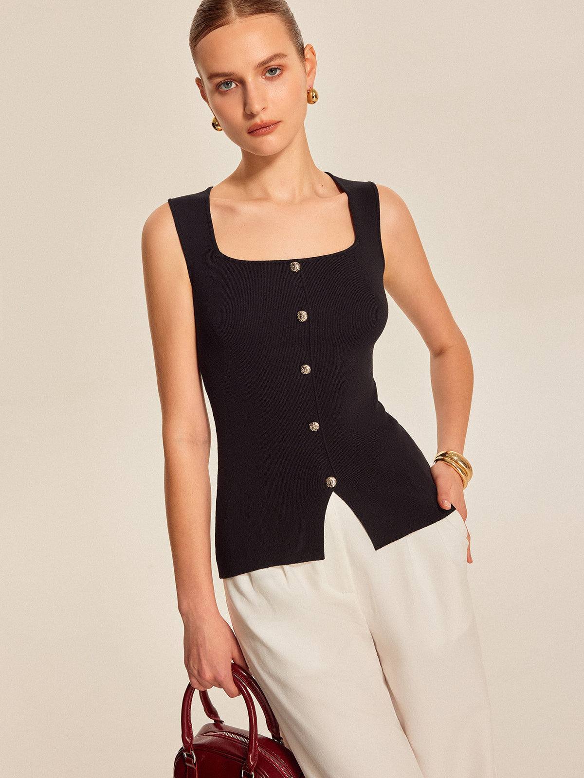 Kare Yaka Kolsuz Bluz Metal Detay Siyah Slim Fit
