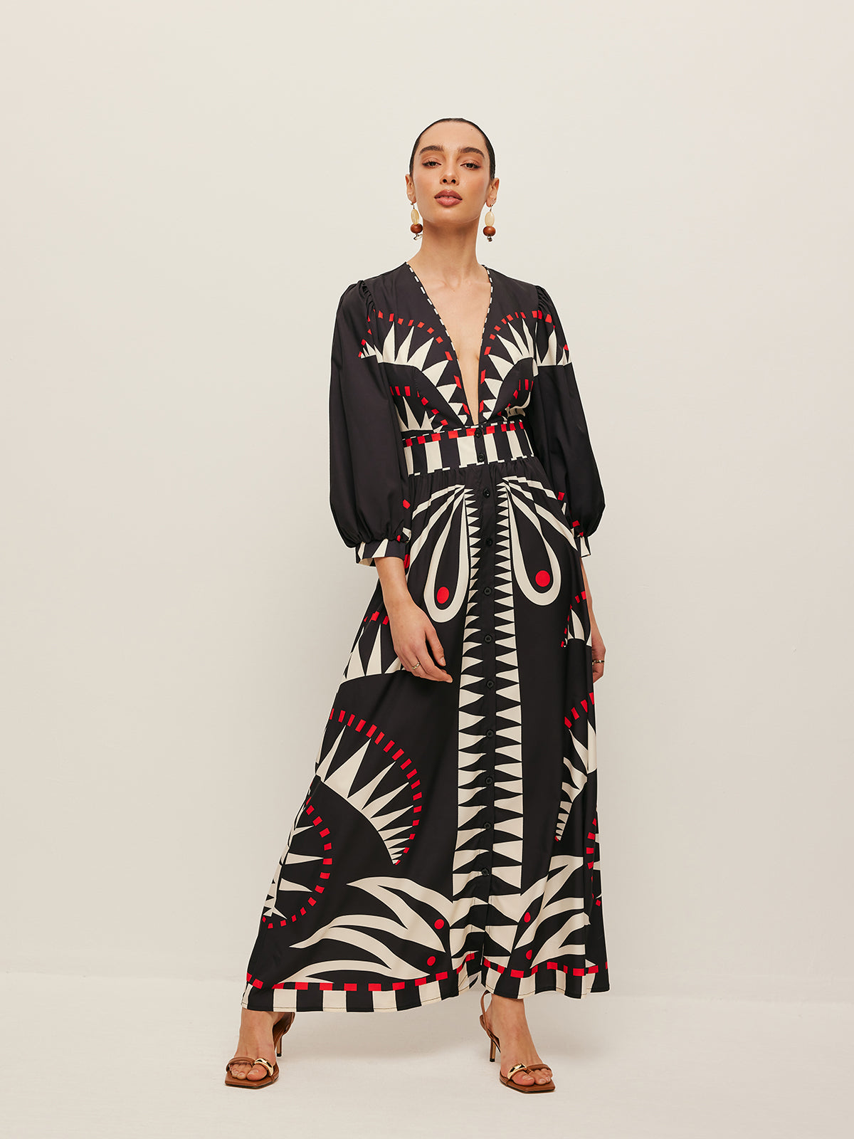 Boho V Yaka Yırtmaçlı Maxi Elbise Siyah Geometrik Desenli