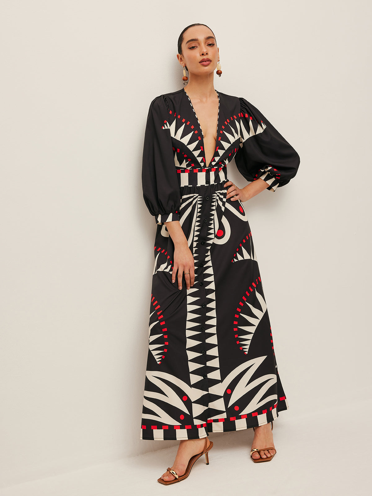 Boho V Yaka Yırtmaçlı Maxi Elbise Siyah Geometrik Desenli