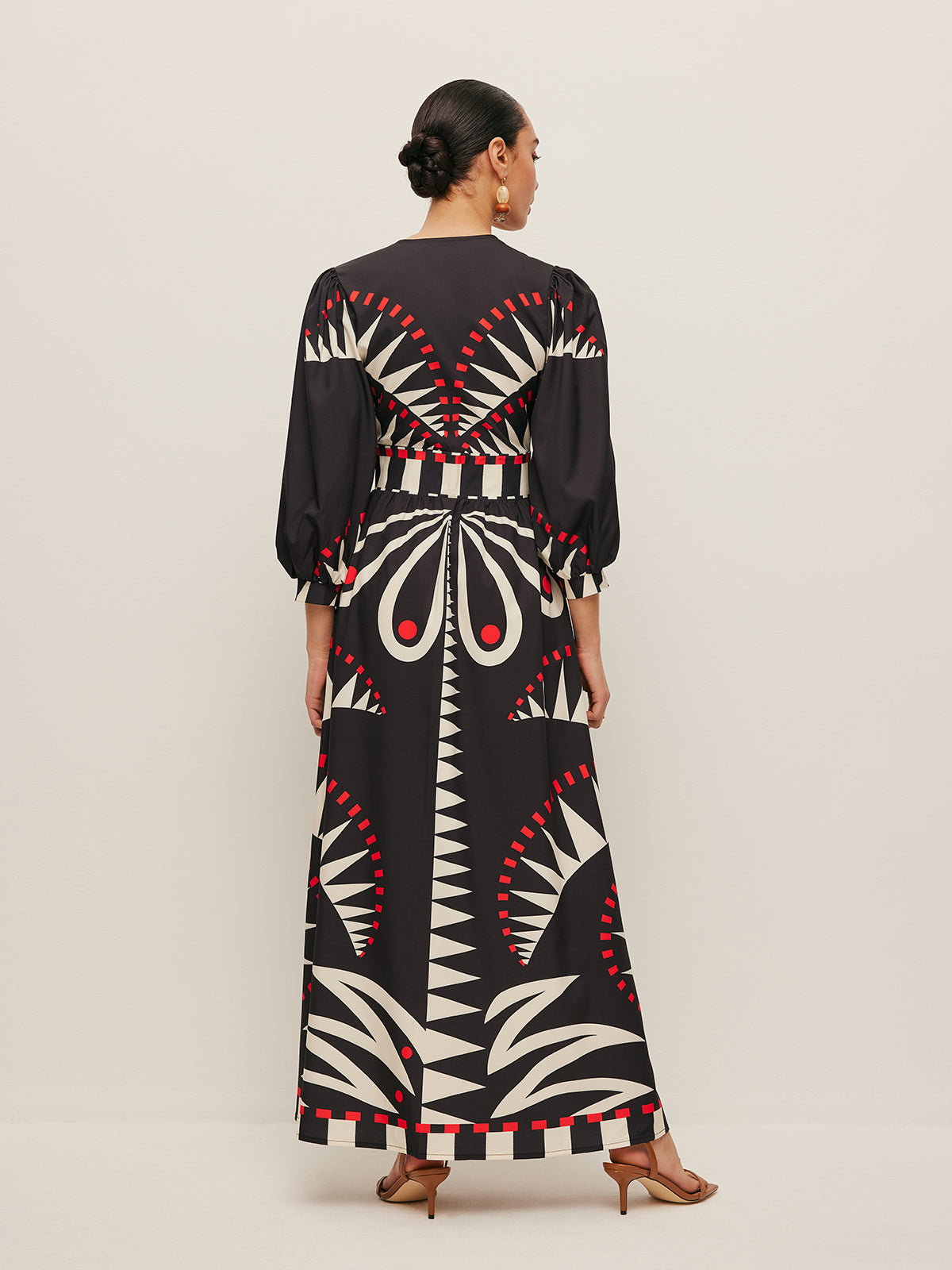 Boho V Yaka Yırtmaçlı Maxi Elbise Siyah Geometrik Desenli