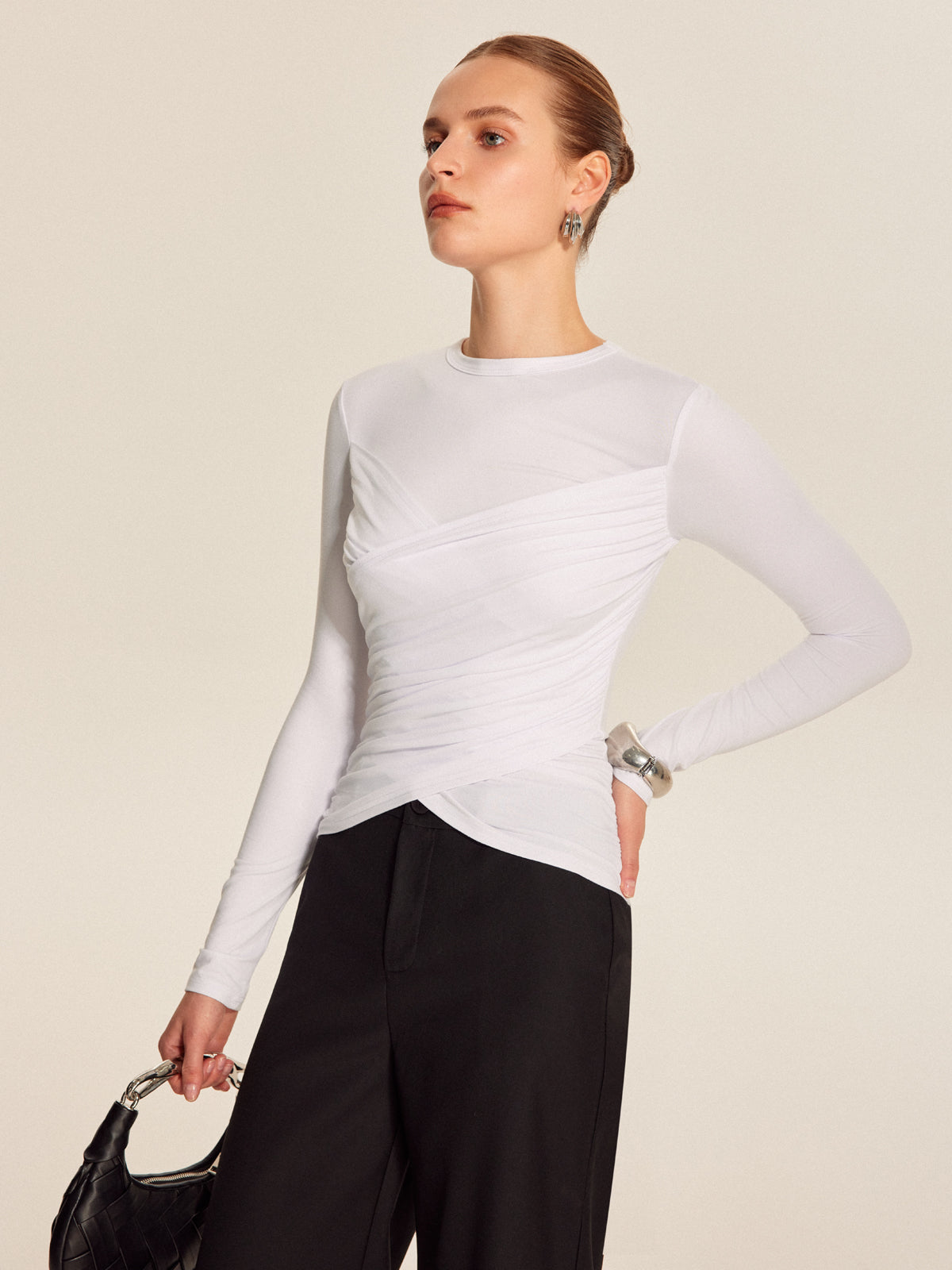 Çapraz Desenli Uzun Kollu Tişört Beyaz Slim Fit