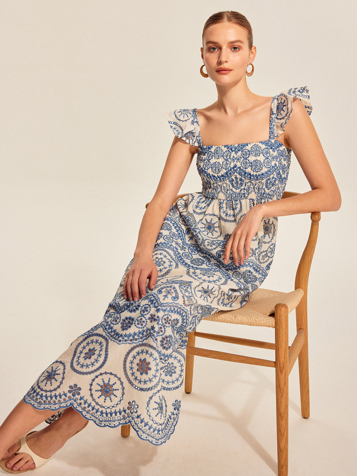 Boho Çiçekli Nakışlı Maxi Elbise Mavi Kare Yaka