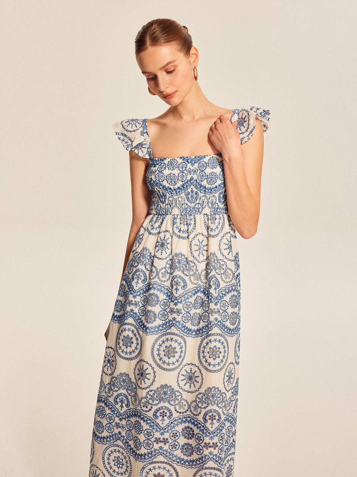 Boho Çiçekli Nakışlı Maxi Elbise Mavi Kare Yaka
