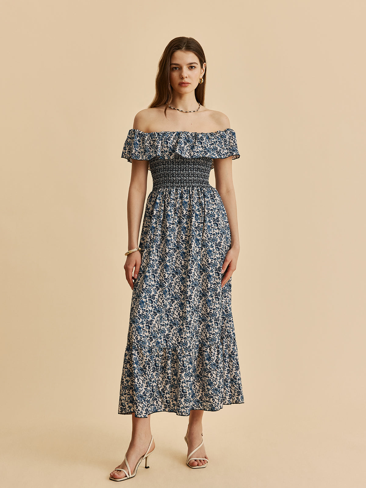 Boho Düşük Omuz Çiçekli Maxi Elbise Mavi Volanlı