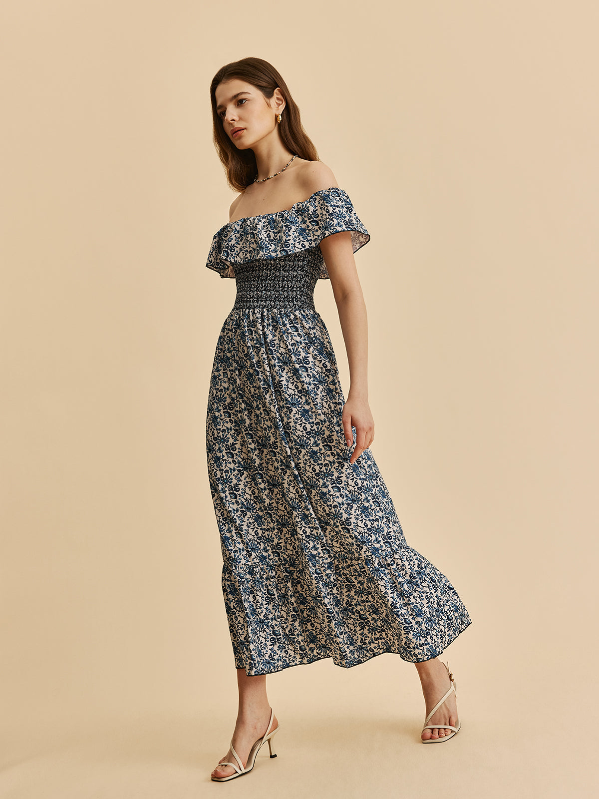 Boho Düşük Omuz Çiçekli Maxi Elbise Mavi Volanlı