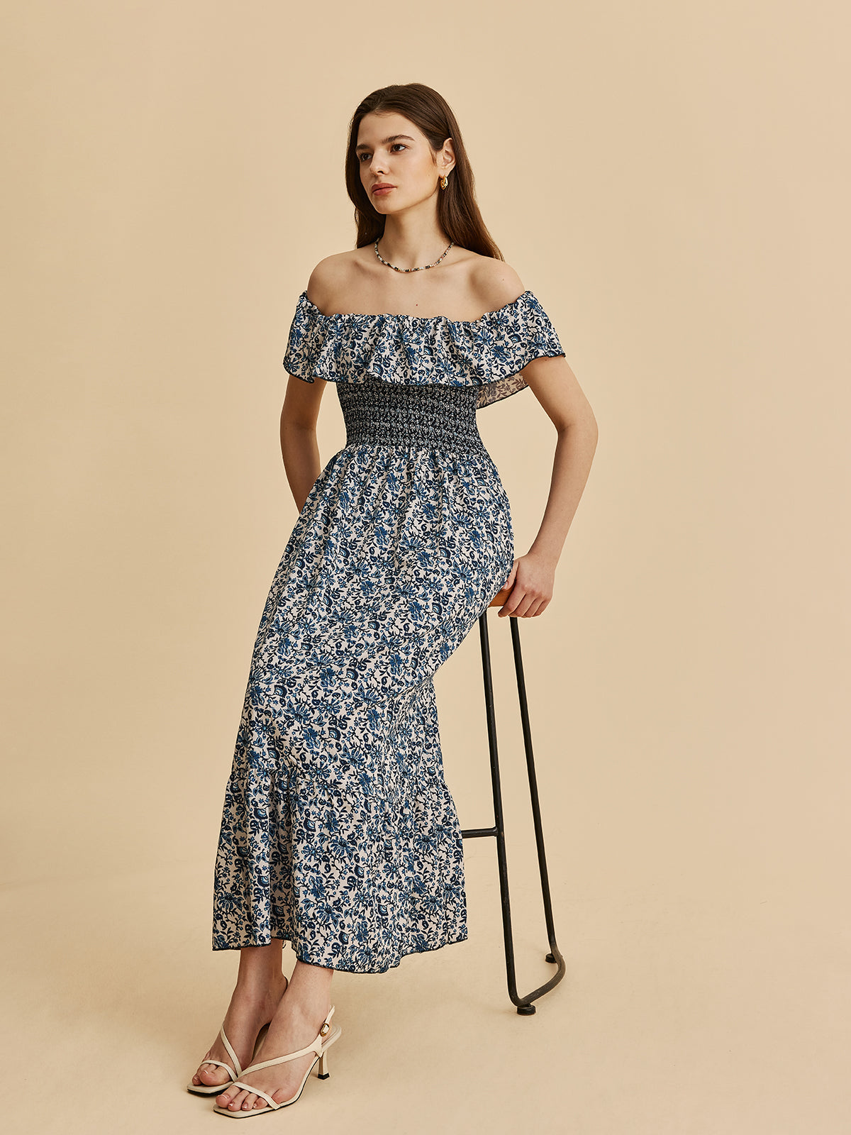 Boho Düşük Omuz Çiçekli Maxi Elbise Mavi Volanlı