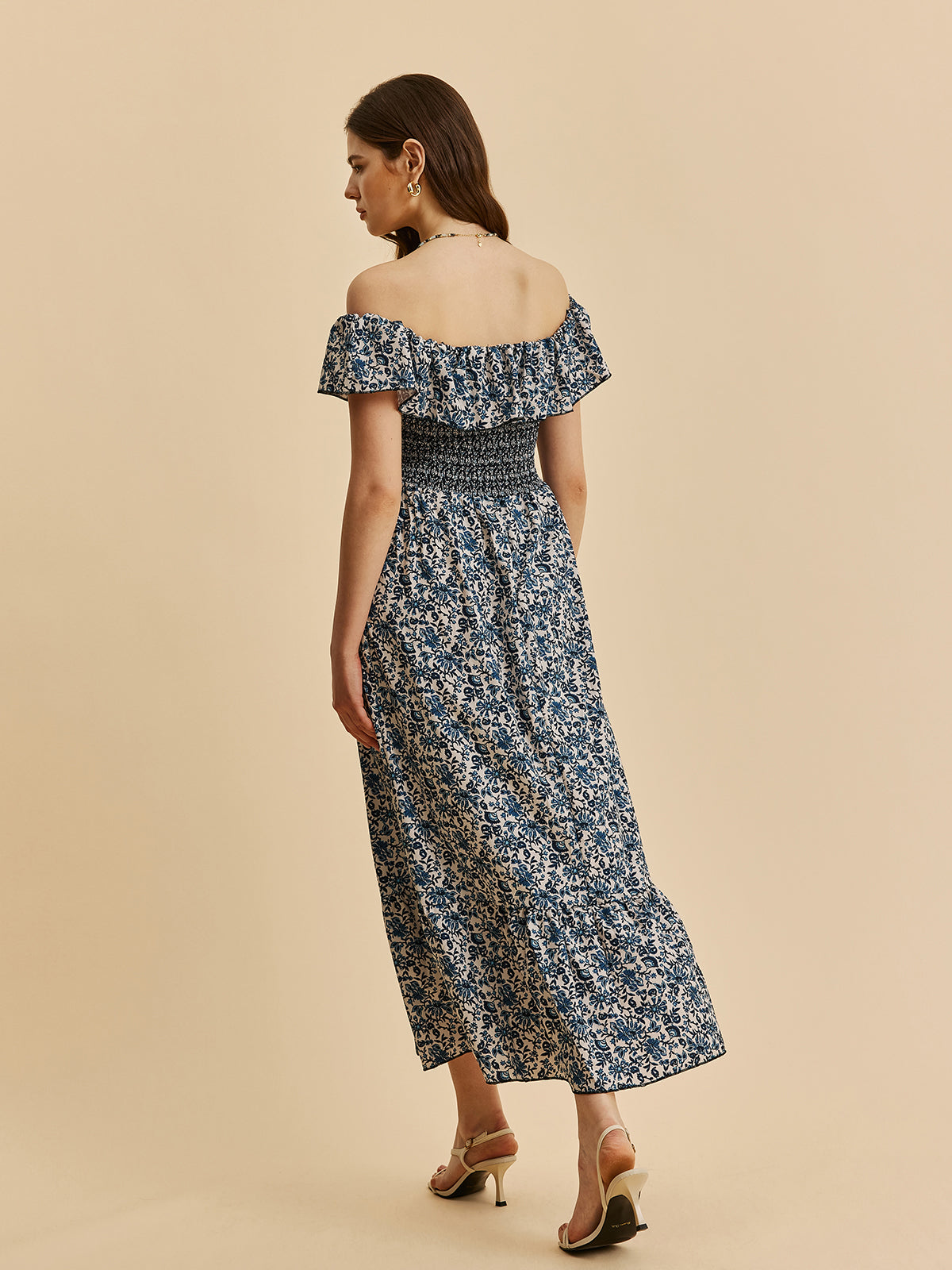 Boho Düşük Omuz Çiçekli Maxi Elbise Mavi Volanlı