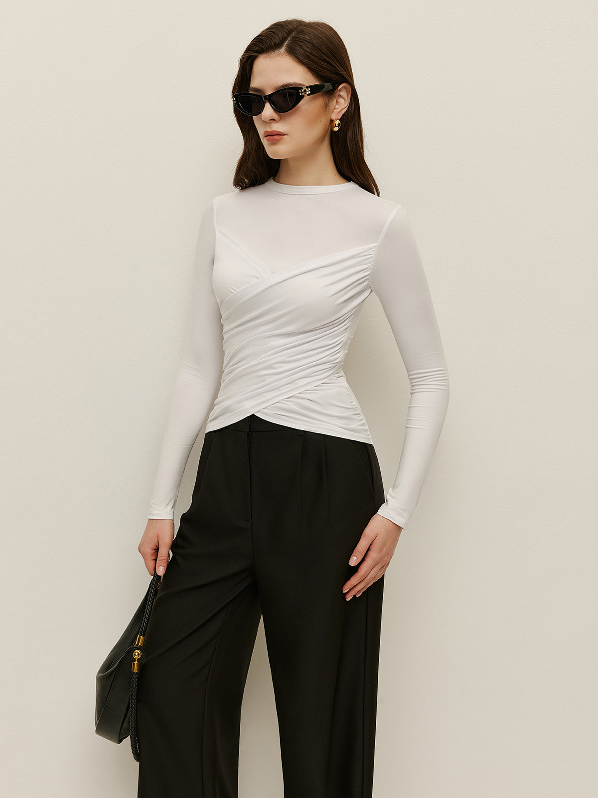 Çapraz Desenli Uzun Kollu Tişört Beyaz Slim Fit